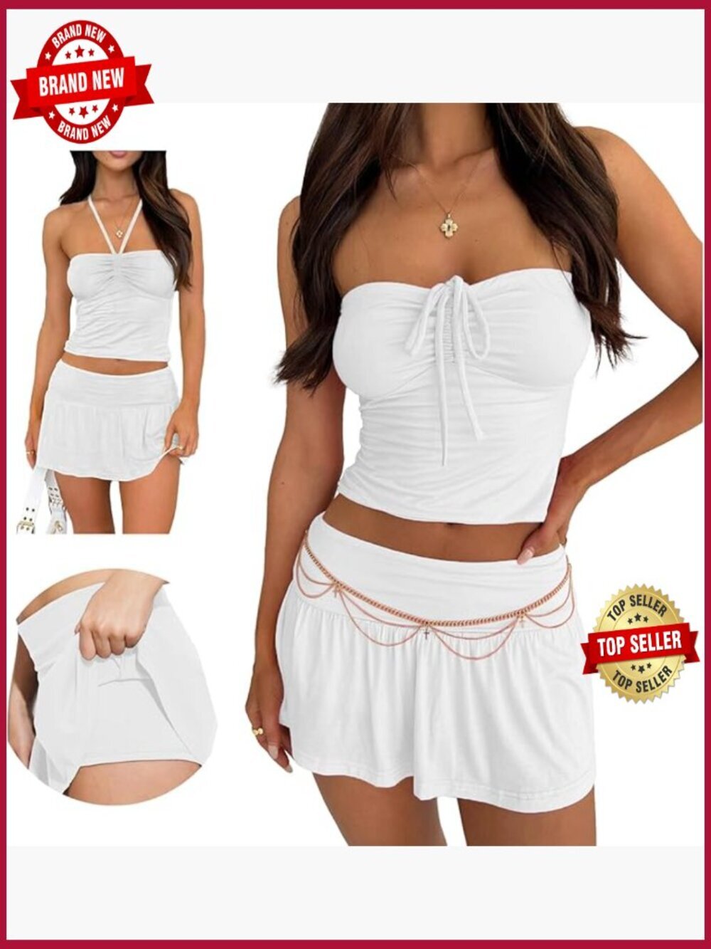 Y2K Two Piece Skirt Set Tie Ruched Tube Top Low Rise Pleated Skort